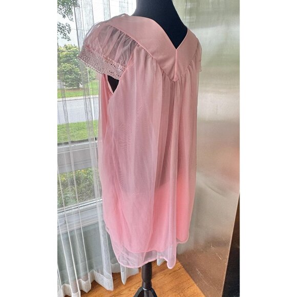 Vintage 1960s nightgown, pink sheer negligee, trapeze swing, short peignoir - Picture 4 of 9